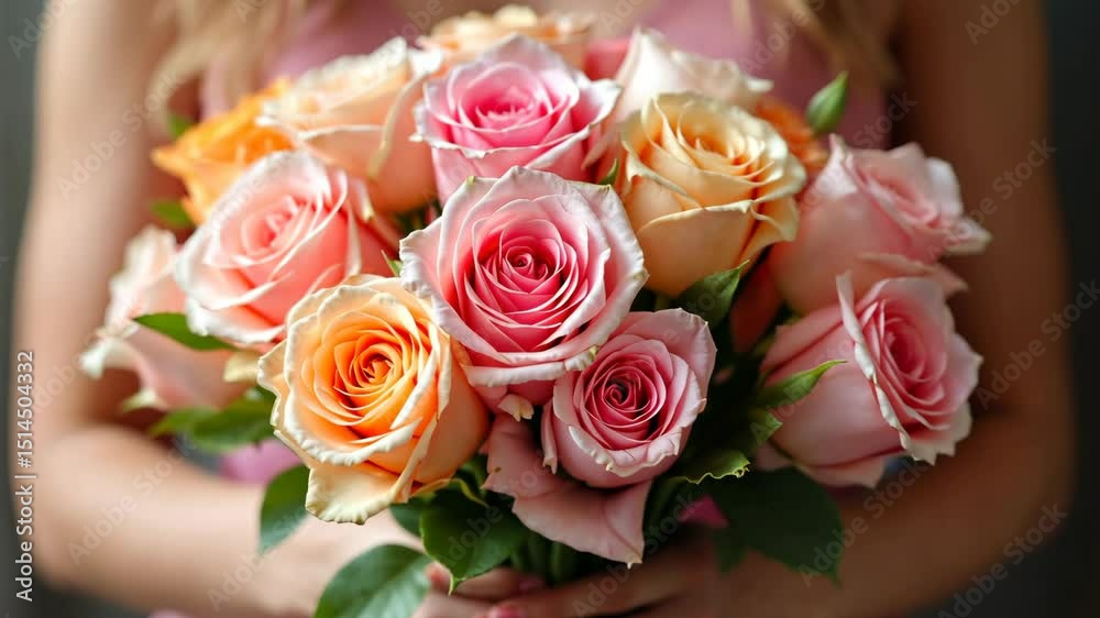 A vibrant bouquet of roses, held by a woman, showcasing a splash of colorful beauty. A vibrant bouquet of roses, held by a woman, showcasing a splash of colorful beauty.