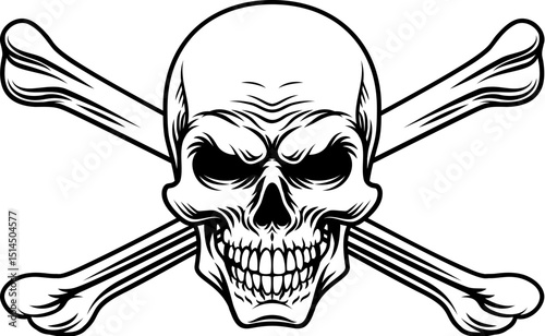 A skull and crossbones pirate crossed bones jolly roger design in a vintage retro woodcut style