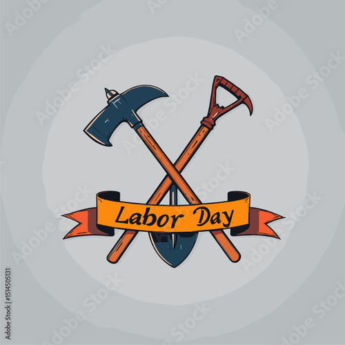 Labor Day Emblem: Crossed Axe, Hoe, and Shovel with Banner