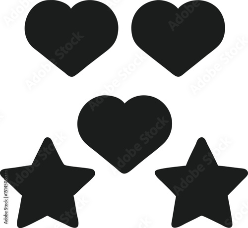 Versatile black silhouette design of rating stars and hearts for graphic elements