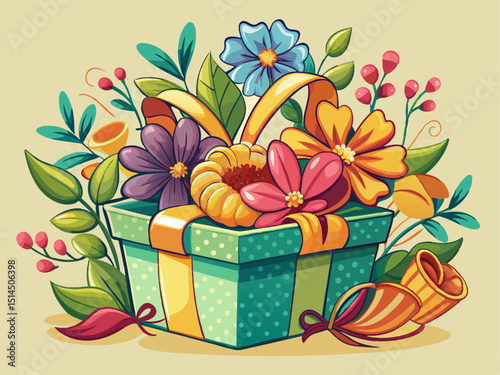 A professional vector of a gift-style flower box with ribbon and blossoms peeking out, on a pale cream background