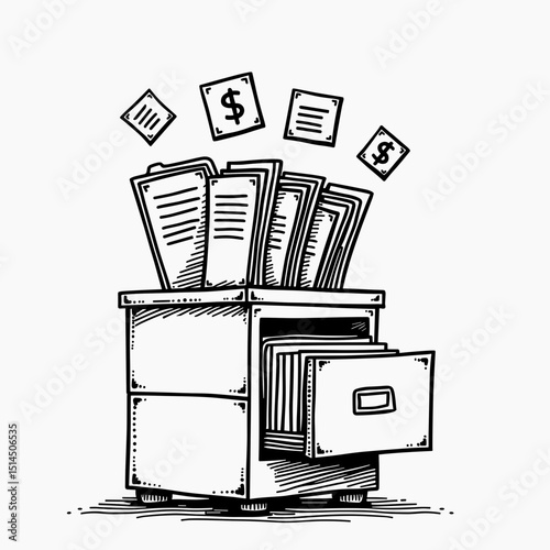 File cabinet overflowing with documents and money illustrations  