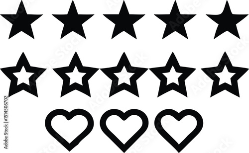 Versatile pack of black silhouettes featuring rating stars and heart symbols with transparency