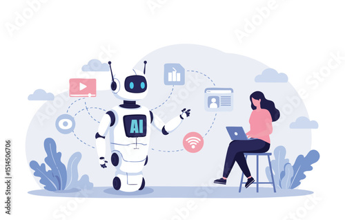 AI Collaboration A Flat Illustration Depicting Human-Robot Partnership in the Digital Age, Showcasing Seamless Integration of Technology and Human Expertise for Enhanced Productivity and Innovation