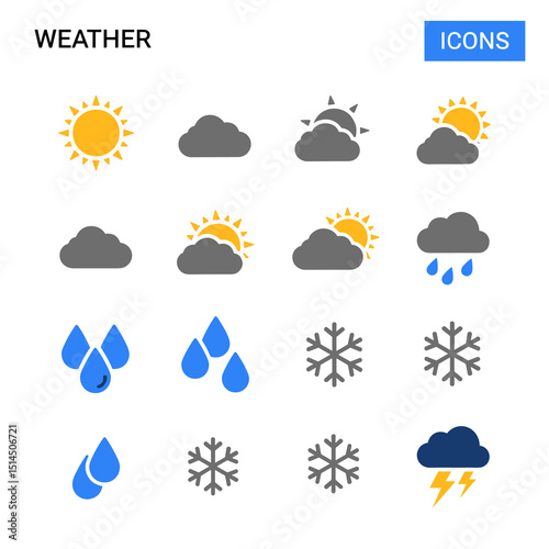 Weather Icons: A series of weather icons, artfully arranged, depict diverse atmospheric conditions, ranging from sunny days to stormy moments, a visual guide to nature's moods.