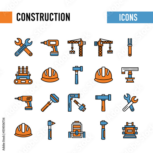 Construction Icon Set: A comprehensive collection of modern construction icons, designed in a clean, colorful style, perfect for showcasing essential building tools and elements.