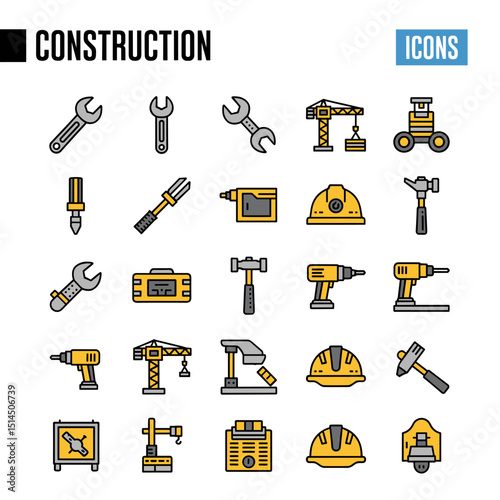 Essential Construction Toolkit: A comprehensive collection of tools vital to the construction industry, neatly arranged as a graphic illustration.