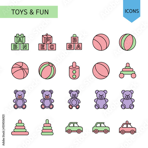 Playful Icon Collection: A vibrant collection of playful icons, representing toys and fun, designed to bring joy and simplicity. Designed with bright colors and clear lines.