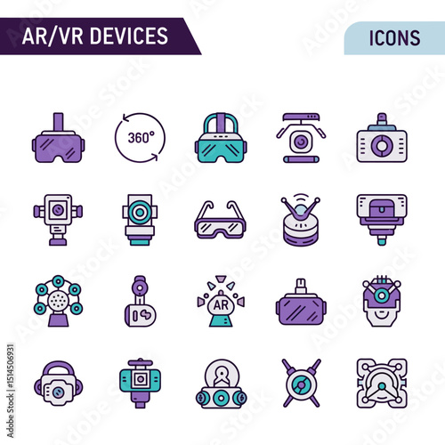AR/VR Devices Icon Collection: A vibrant collection of icons showcasing various augmented reality and virtual reality devices. Capturing the essence of immersive technology and innovation.