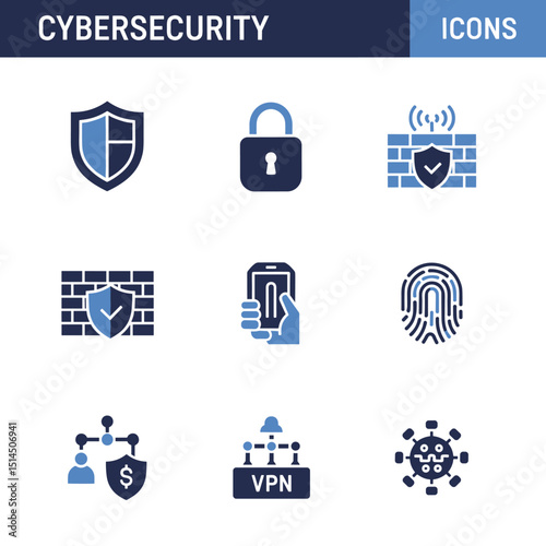 Cybersecurity Icons: An array of distinct and easily recognizable icons representing crucial aspects of digital security, designed to visually convey the importance of safeguarding information.