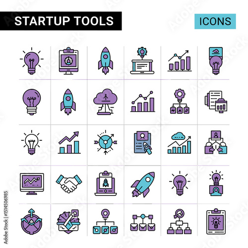 Start-up Icons: A vibrant collection of start-up icons, representing various tools and concepts essential for launching a new business, arranged on a clean background.