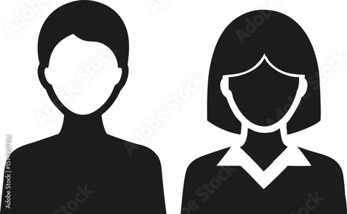 Simple black silhouette designs of male and female user profile avatar icons