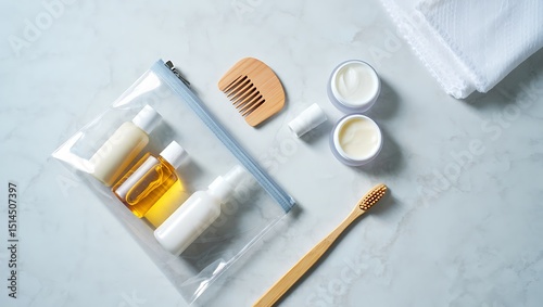 Travel essentials kit flatlay skincare and hygiene products