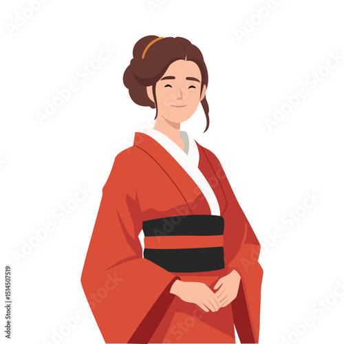 Smiling Woman in Traditional Kimono. Flat vector illustration isolated on white background