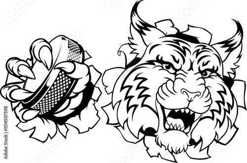 A wildcat or bobcat ice hockey team cartoon animal sports mascot