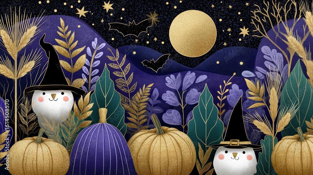 Obraz premium Enchanted Halloween Night Scene: A whimsical, digitally crafted scene of Halloween featuring adorable owl characters, pumpkins, and an evocative full moon and bats under the night sky. 