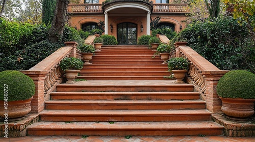 Terracotta stairs leading to a building with a balcony and plants in decorative pots on the sides