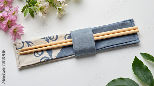 Elegant Bamboo Chopsticks with Floral Fabric Wrap and Green Leaf Decoration