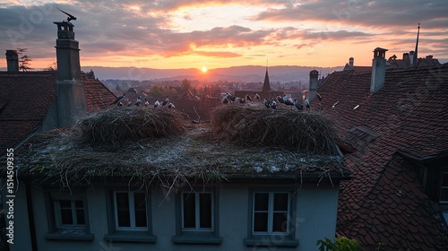 Aerial view of storks nesting on rooftops at sunrise with city skyline in the background landscape