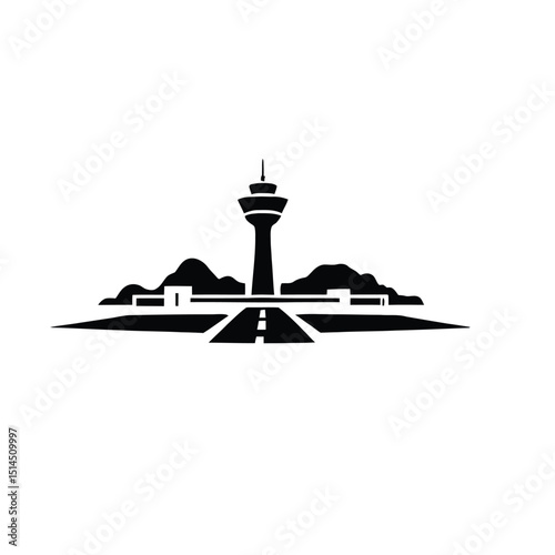 Silhouette of an Airport Runway Leading to Control Tower, Representing Aviation, Air Travel, and Infrastructure in a Minimalist Vector Art