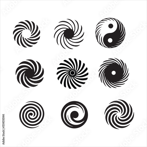 set of nine black and white abstract spiral and yin-yang designs is perfect for logos, website graphics, or patterns.