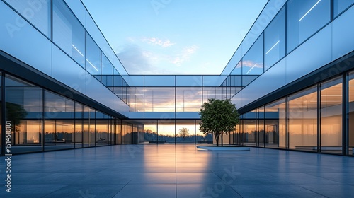 Modern building courtyard with glass walls and a tree at sunset reflecting in the windows