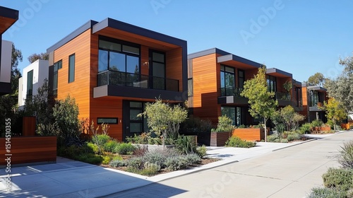 Row of modern townhouses with wood siding and large windows under a clear blue sky on a sunny day