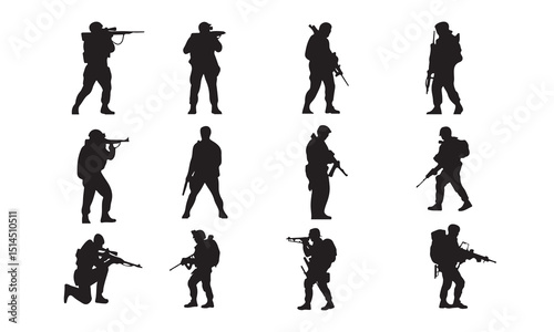 A collection of black silhouettes of soldiers, showcasing different stances and actions, likely while armed with rifles or other weapons.