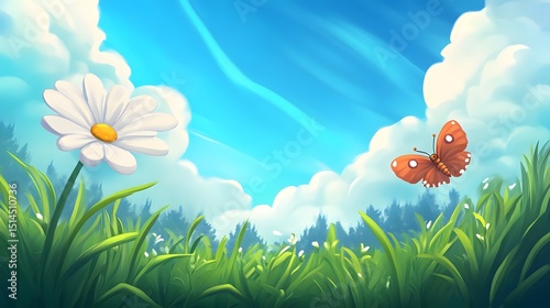 Sunny Meadow with Daisy Flower and Butterfly