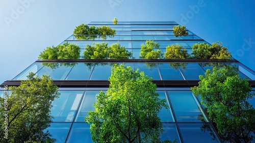 Low angle view of a modern glass building with trees growing on its ledges against a clear blue sky