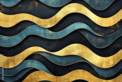 Luxury abstract pattern of wavy gold and blue textured metallic stripes with elegant depth