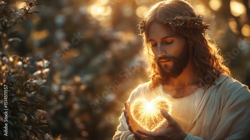 Wallpaper Mural Jesus holds a glowing heart in a serene garden during golden hour, embodying love and compassion Torontodigital.ca