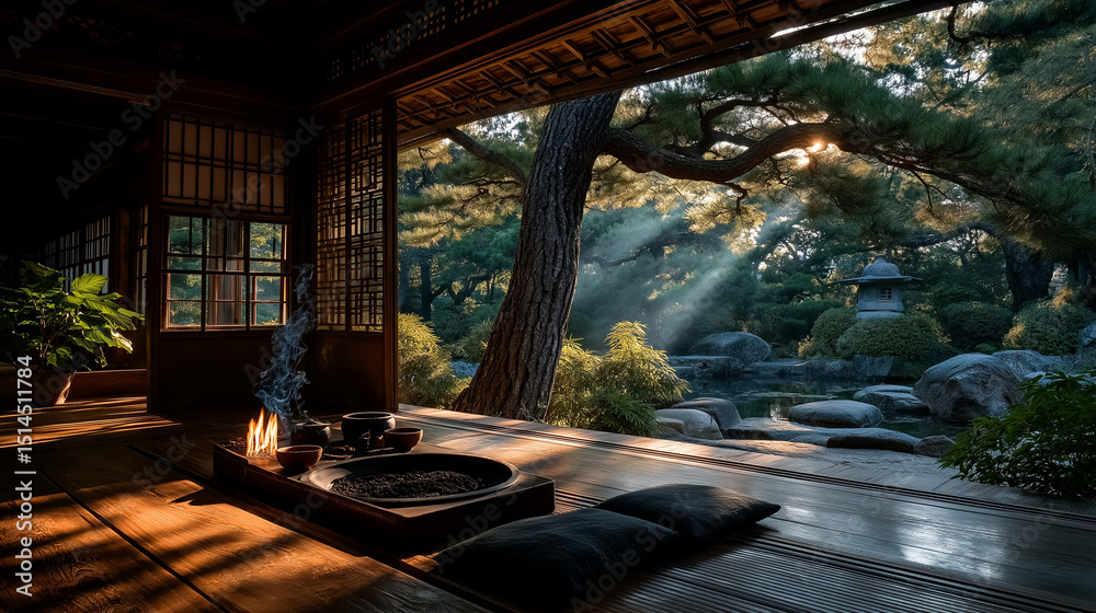 Fototapeta premium Serene Sanctuary: The tranquil interior of a traditional Japanese house frames a stunning view of a peaceful garden, bathed in the soft glow of sunlight. Evoking feelings of harmony.