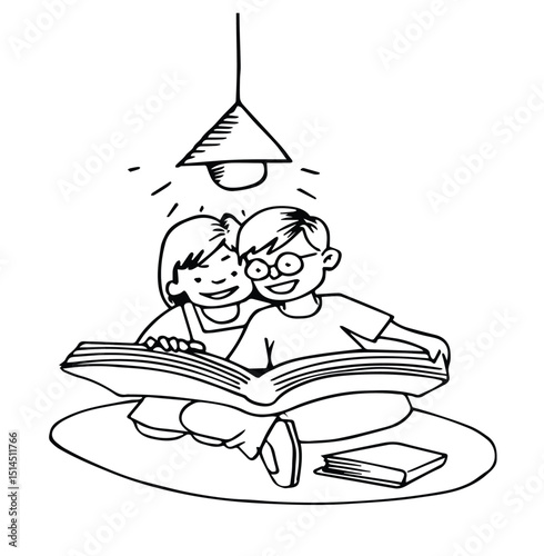 Cartoon happy kids reading a book hand drawn sketch