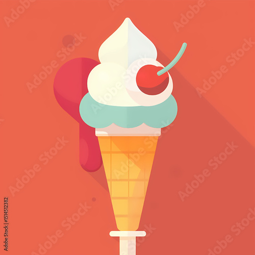 Sweet Summer Treat A Delicious Illustration of Creamy Ice Cream Cone with Cherry Topping