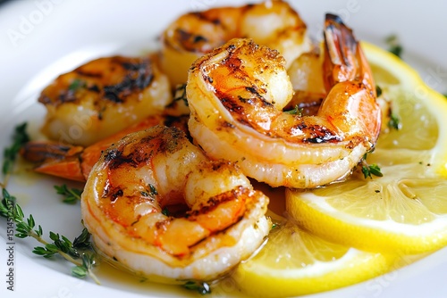 Grilled shrimp with lemon and herbs on white plate photo