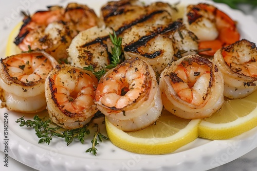 Grilled shrimp with lemon and herbs on white plate photo