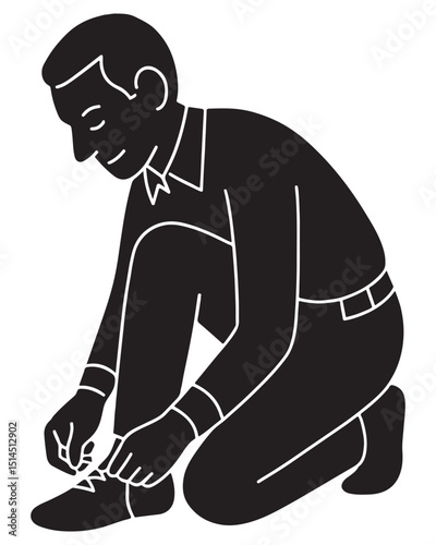 Silhouette of a man kneeing tying shoelaces, bent slightly forward