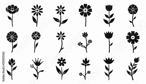 Black and white floral vector pattern featuring an assortment of elegant flower silhouettes.