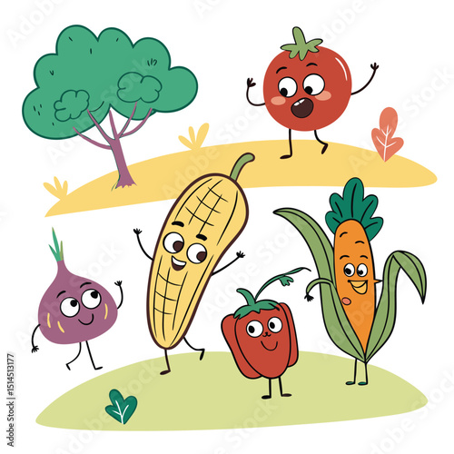 Funny cartoon fruit and vegetable characters in a cute illustrated set