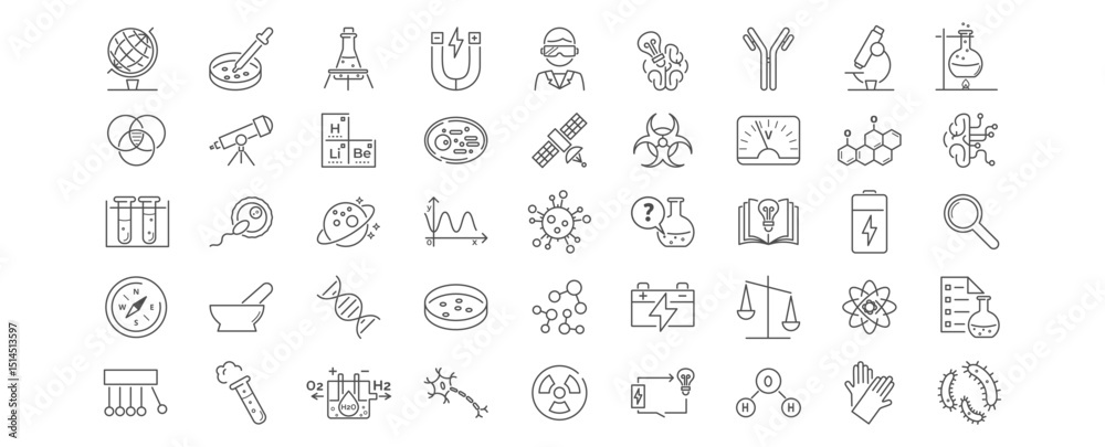 Science line icon set. Chemistry, biology, physics, astronomy, research, education vector elements included. Editable Stroke illustration. Science line icon set. Chemistry, biology, physics, astronomy, research, education vector elements included. Editable Stroke illustration.