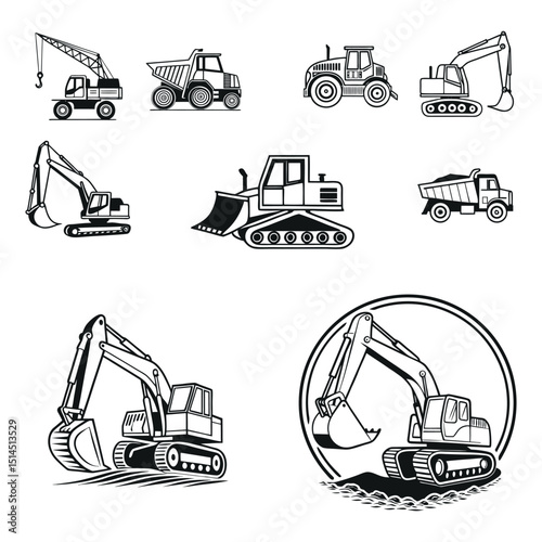 Vector silhouette set of construction vehicles, including trucks, cranes, bulldozers, excavators, and other industrial building equipment