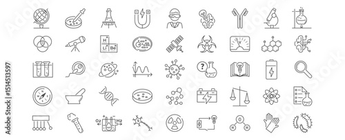 Science line icon set. Chemistry, biology, physics, astronomy, research, education vector elements included. Editable Stroke illustration.
