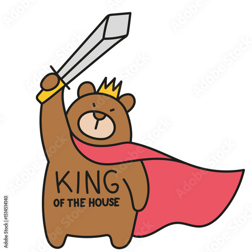Fathers Day Bear concept. Cute bear hero with a sword and cape, labeled "King of the House. in color line style