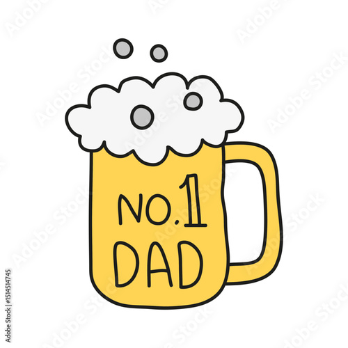 Fathers Day Bear concept. Mug of beer with "No. 1 Dad" text and frothy bubbles. in color line style