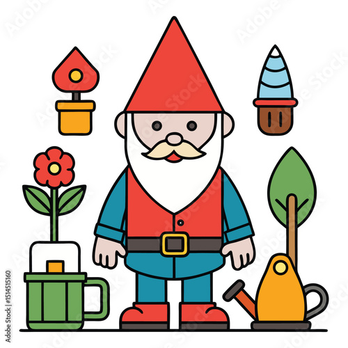 Cute funny garden dwarf gnome figurine. Old small magic fairytale elf character with grey beard and flowers, christmas elf with gifts