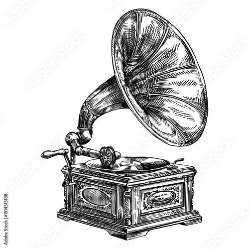 A detailed line art illustration of an antique gramophone or phonograph. 