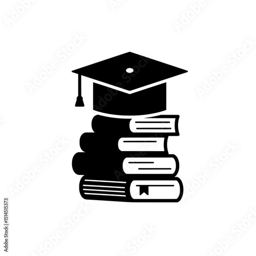 Icon Graduation cap placed on stack of books in black silhouette style  