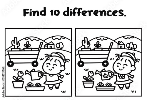 Find 10 differences game coloring pages style.