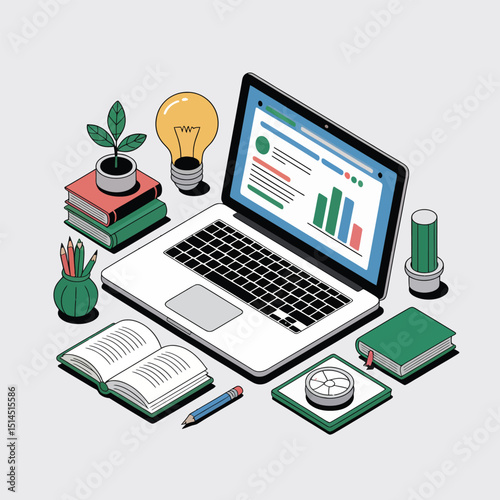Isometric view of a laptop displaying a graph, surrounded by books, a lightbulb, a plant, and stationery on a desk, representing business, education, and creativity.